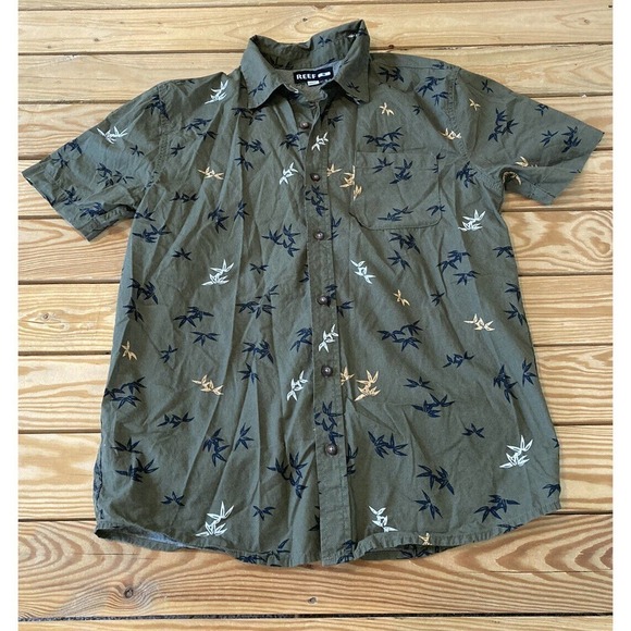 Reef Patterned Button Up Shirt Size Small Men’s Green Short Sleeve - Picture 1 of 6